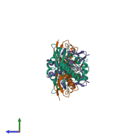 Hetero hexameric assembly 1 of PDB entry 5vzw coloured by chemically distinct molecules, side view.