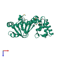 Monomeric assembly 1 of PDB entry 5w5b coloured by chemically distinct molecules, top view.