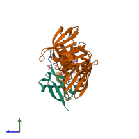 Hetero dimeric assembly 2 of PDB entry 5w8t coloured by chemically distinct molecules, side view.