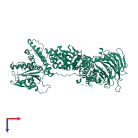 Hetero dimeric assembly 1 of PDB entry 5wbl coloured by chemically distinct molecules, top view.