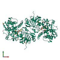 Homo dimeric assembly 1 of PDB entry 5wxi coloured by chemically distinct molecules, front view.