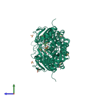 Homo dimeric assembly 1 of PDB entry 5wxi coloured by chemically distinct molecules, side view.