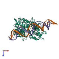 Hetero tetrameric assembly 1 of PDB entry 5x6e coloured by chemically distinct molecules, top view.