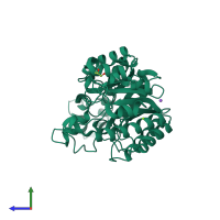 Monomeric assembly 2 of PDB entry 5xc1 coloured by chemically distinct molecules, side view.