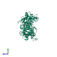 PDB entry 5xts coloured by chain, side view.