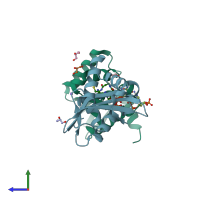 PDB entry 5xxs coloured by chain, side view.