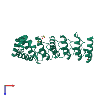 Monomeric assembly 1 of PDB entry 5ybj coloured by chemically distinct molecules, top view.