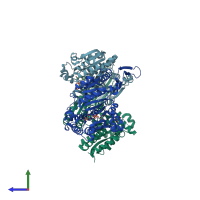 PDB entry 5yfm coloured by chain, side view.