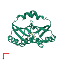 Homo dimeric assembly 1 of PDB entry 5ypy coloured by chemically distinct molecules, top view.