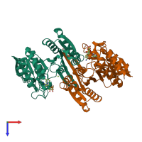 Hetero dimeric assembly 1 of PDB entry 5yvt coloured by chemically distinct molecules, top view.