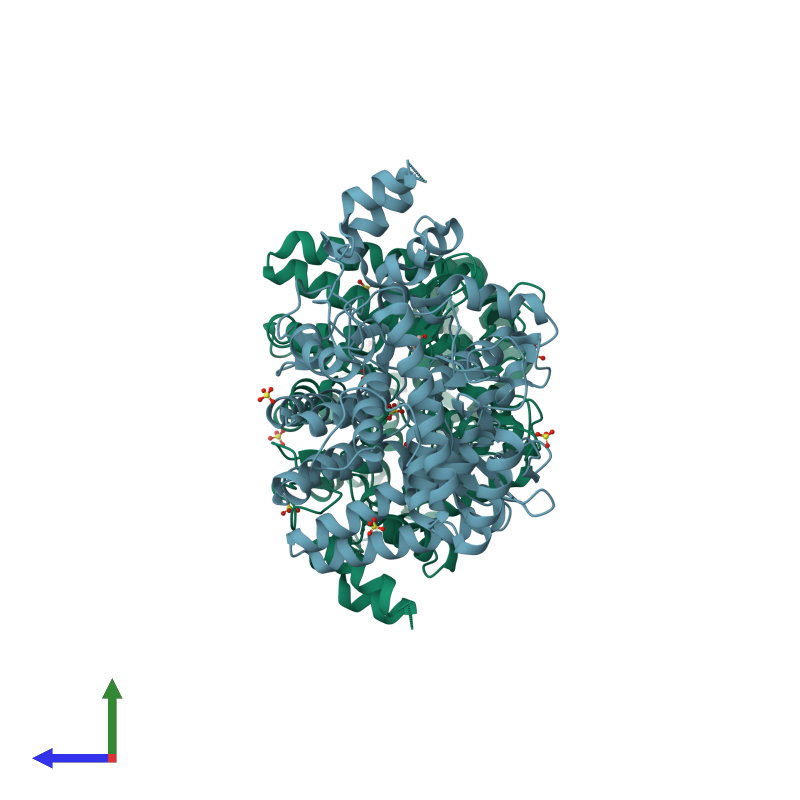 <div class='caption-body'><ul class ='image_legend_ul'>The deposited structure of PDB entry 5z6h coloured by chain and viewed from the side. The entry contains: <li class ='image_legend_li'>2 copies of Periplasmic trehalase</li><li class ='image_legend_li'>[]<ul class ='image_legend_ul'><li class ='image_legend_li'>10 copies of SULFATE ION</li> <li class ='image_legend_li'>2 copies of GLYCEROL</li></ul></li></div>
