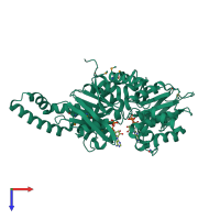 Monomeric assembly 2 of PDB entry 5zxd coloured by chemically distinct molecules, top view.