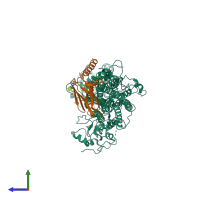 PDB entry 6a69 coloured by chain, side view.