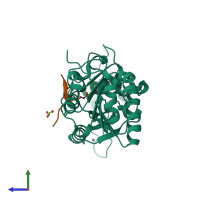 PDB entry 6aco coloured by chain, side view.