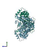 PDB entry 6agi coloured by chain, side view.