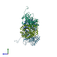 PDB entry 6agm coloured by chain, side view.