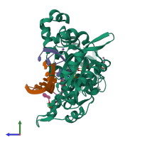 PDB entry 6ak9 coloured by chain, side view.