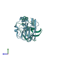 PDB entry 6akn coloured by chain, side view.