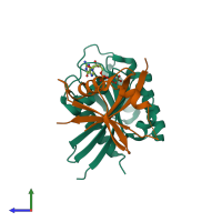 PDB entry 6amb coloured by chain, side view.