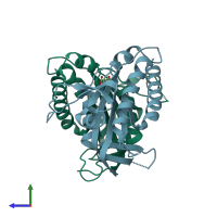 PDB entry 6aob coloured by chain, side view.