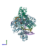PDB entry 6ar1 coloured by chain, side view.