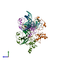 PDB entry 6asb coloured by chain, side view.