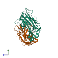 PDB entry 6at6 coloured by chain, side view.