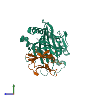 PDB entry 6at9 coloured by chain, side view.