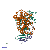 PDB entry 6ath coloured by chain, side view.