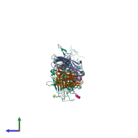 PDB entry 6att coloured by chain, side view.