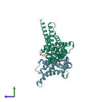 PDB entry 6awl coloured by chain, side view.