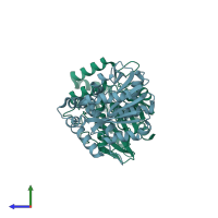 PDB entry 6azc coloured by chain, side view.