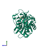 Monomeric assembly 1 of PDB entry 6b22 coloured by chemically distinct molecules, side view.