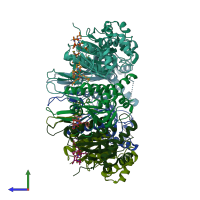 PDB entry 6bba coloured by chain, side view.