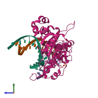 PDB entry 6bem coloured by chain, side view.