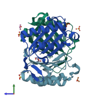 PDB entry 6bg7 coloured by chain, side view.