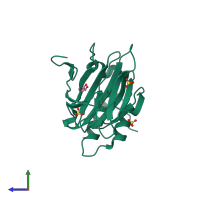 Monomeric assembly 1 of PDB entry 6bgm coloured by chemically distinct molecules, side view.