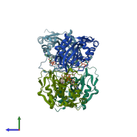 PDB entry 6bhv coloured by chain, side view.