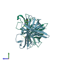 PDB entry 6bic coloured by chain, side view.