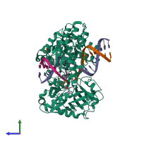 PDB entry 6bkg coloured by chain, side view.