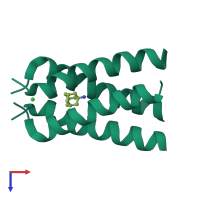 Homo tetrameric assembly 1 of PDB entry 6bkk coloured by chemically distinct molecules, top view.