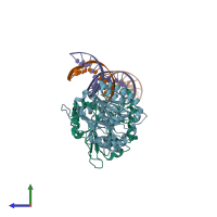 PDB entry 6bov coloured by chain, side view.