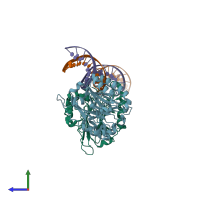 PDB entry 6bow coloured by chain, side view.