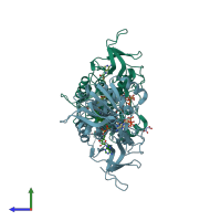 PDB entry 6bpy coloured by chain, side view.