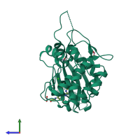 PDB entry 6bql coloured by chain, side view.
