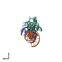 PDB entry 6bqu coloured by chain, side view.