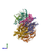 PDB entry 6btm coloured by chain, side view.
