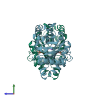 PDB entry 6bve coloured by chain, side view.
