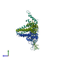 PDB entry 6bvf coloured by chain, side view.