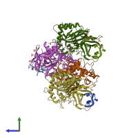 PDB entry 6bwy coloured by chain, side view.